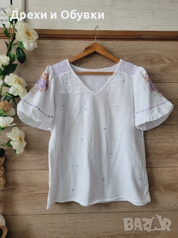 Лятна блуза памучна материя с красиви бродетии CREAM, снимка 2 - Тениски - 54792569