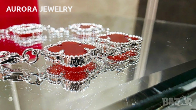 Van Cleef & Arpels VCA 5 Motifs Silver Red Carnelian Vintage Alhambra Дамска Гривна, снимка 6 - Гривни - 54309528