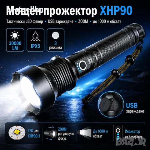 Мощен прожектор XHP90 тактически лед фенер  P90 зареждане USB къмпинг