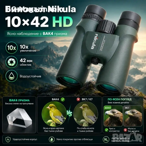 Мощен бинокъл Nikula 10×42 за лов птици животни туристически планина море BAK-4 призма професионален, снимка 2 - Екипировка - 50930559