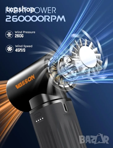 Чисто Нов Мощен Акумулаторен Компресор VASSON 260 000 RPM, Безчетков, Спрей със Сгъстен Въздух за По, снимка 3 - Други инструменти - 55054711