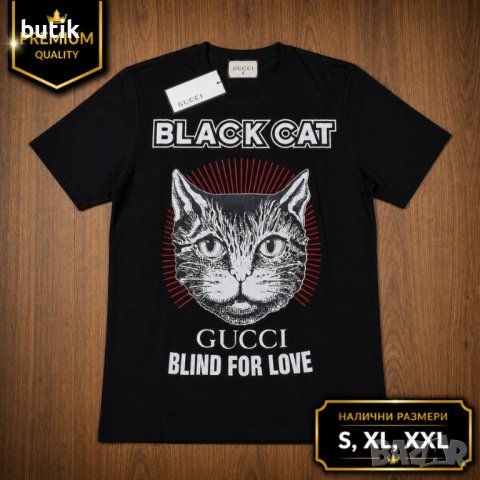 Gucci Black Cat черна мъжка тениска – S, XL, XXL