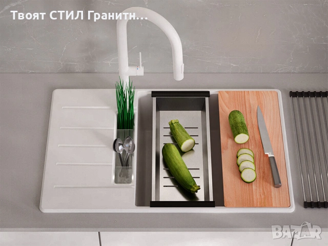 Бяла кухненска мивка от гранит Копенхаген 780x500 SmartSpace Top 60, снимка 5 - Мивки - 54463628