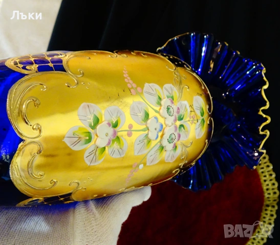 Кристална ваза Bohemia,злато,кобалт,етикет. , снимка 4 - Вази - 55192445