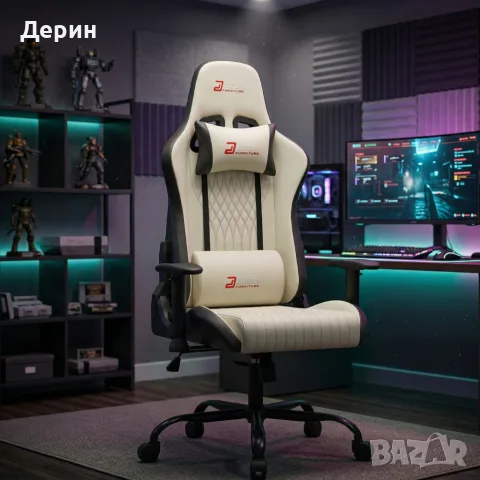 Ергономичен бял геймърски стол с поставка за крака, регулируема височина и 3D подлакътници, снимка 2 - Столове - 55341954