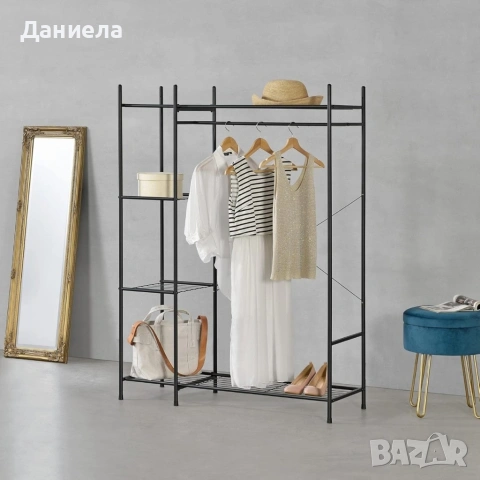 Метален гардероб-органайзер с релса за дрехи, 4 рафта и място за обувки – 150x110x40 см, черен, снимка 12 - Други стоки за дома - 54840153
