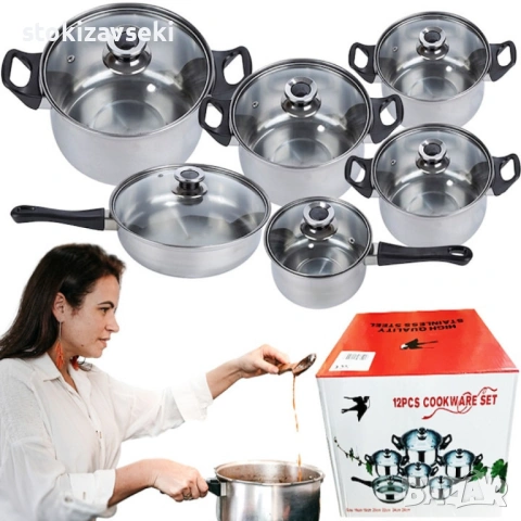Комплект готварски съдове от инокс 12 части: 5 тенджери, тиган и стъклени капаци (16-24 см)