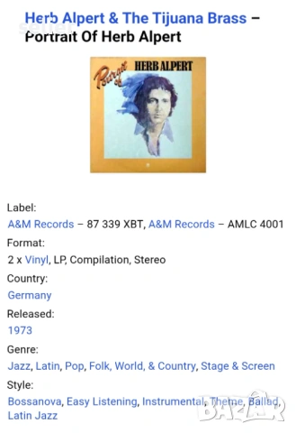 Herb Alpert & The Tijuana Brass ‎– Portrait Of Herb Alpert Двойна плоча-GATEFOLD Издание 🇩🇪 GERMAN, снимка 4 - Грамофонни плочи - 54719480