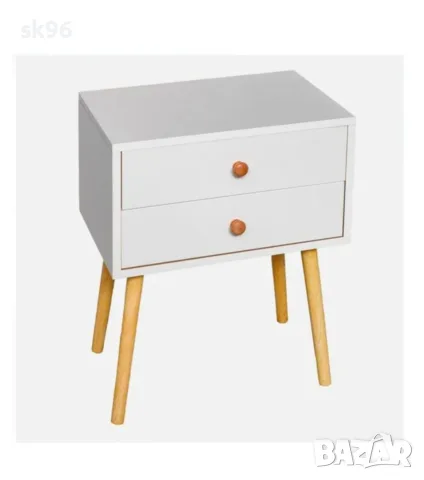 Нощно шкафче с 2 чекмеджета и 4 крака, бял MDF дърво, снимка 2 - Шкафове - 55512120