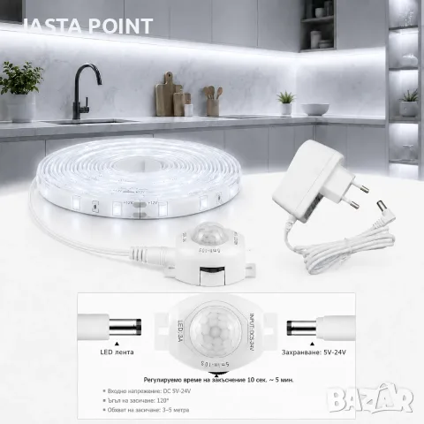 5м LED лента със сензор за движение PIR – автоматична светлина за домът, обхват 3м, 220V, IP65, снимка 3 - Лед осветление - 55380305