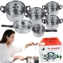 Комплект готварски съдове от инокс 12 части: 5 тенджери, тиган и стъклени капаци (16-24 см), снимка 1