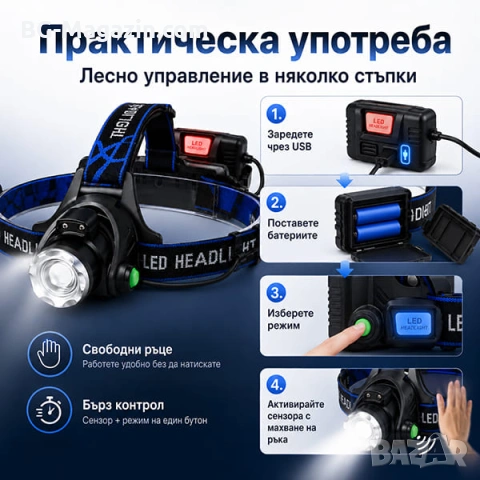 Презареждащ се LED челник за глава със сензор лед фенер за риболов бягане каска къмпинг палатка, снимка 6 - Къмпинг осветление - 50938410
