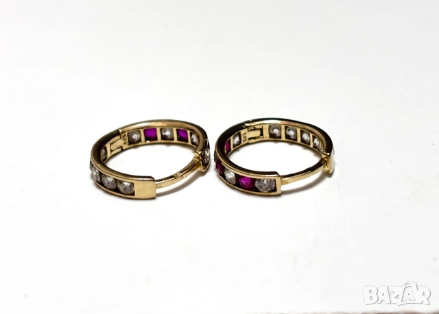 Златни Обеци 1,85 грама 14K(проба 585) с бели и розови циркони, снимка 6 - Обеци - 54939763