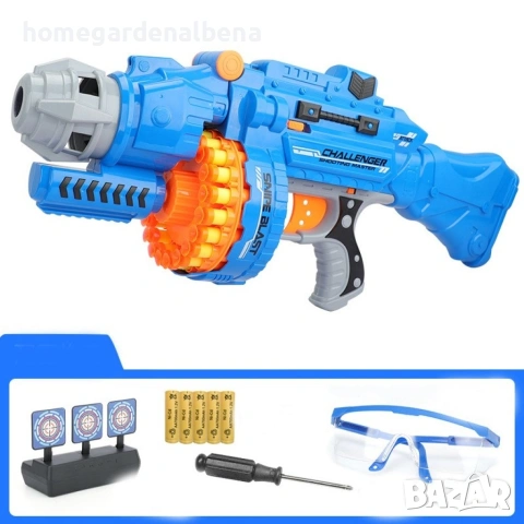 Детски пистолет с меки куршуми – 20 патрона, мишена, син, бързо презареждане, снимка 3 - Влакчета, самолети, хеликоптери - 54109278
