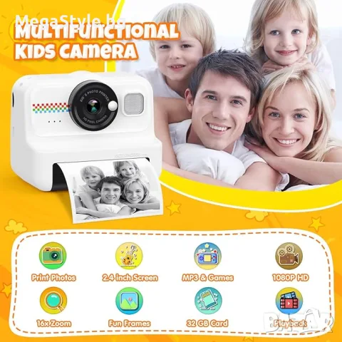 Детска камера за моментен печат  HiMont,1080P HD с 3 ролки хартия и 32GB карта, снимка 3 - Фотоапарати - 55403833