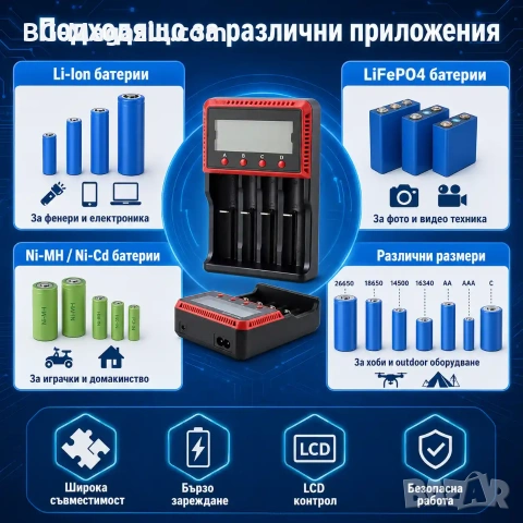 Бързо и умно интелигентно зарядно устройство за батерии на 1.2V и 3.7V 18650 16340 26650 14500 AAA, снимка 3 - Друга електроника - 51041476