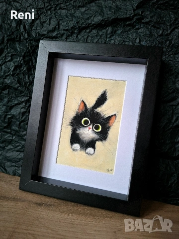 Черно коте, илюстрация въглен, оригинал, снимка 4 - Картини - 54029847