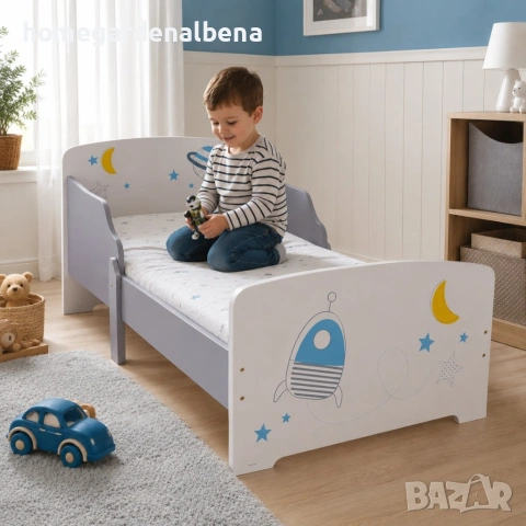 Детско легло Космос 140x70 см с ламелна основа, MDF, бяло, планети звезди ракета, от 36 месеца, снимка 3 - Мебели за детската стая - 54687786