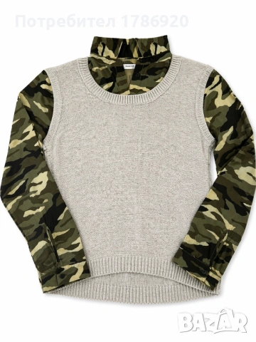 Дамски пуловер с камуфлажни ръкави - ефект "риза с елек"