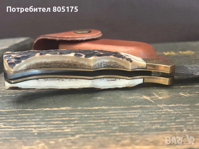 Джобен сгъваем нож еленов рог и дамаска стомана, снимка 4 - Ножове - 55243478