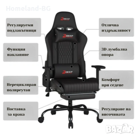 Ергономичен геймърски стол с поставка за крака, регулируема височина и 3D подлакътници, снимка 7 - Столове - 54910271