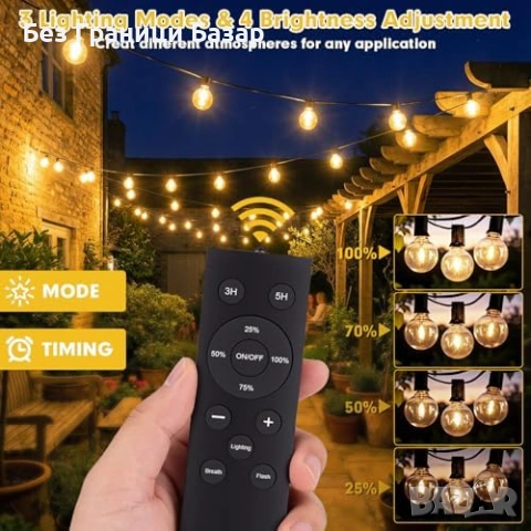 Нови Градински соларни лампи гирлянд 20 метра G40 дистанционно таймер IP44, снимка 3 - Градински мебели, декорация  - 54869935