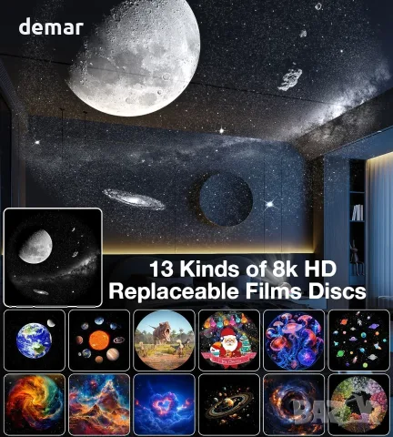 Galaxy Projector, 17-цветна проекторна светлина, нощна лампа Aurora, 15 бели шума, 12 диска, снимка 2 - Други стоки за дома - 55539337