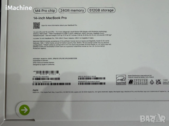 ЧИСТО НОВ MacBook Pro 14" M4 PRO Chip 12-CPU/16-GPU/24RAM/512SSD, снимка 3 - Лаптопи за работа - 53974003