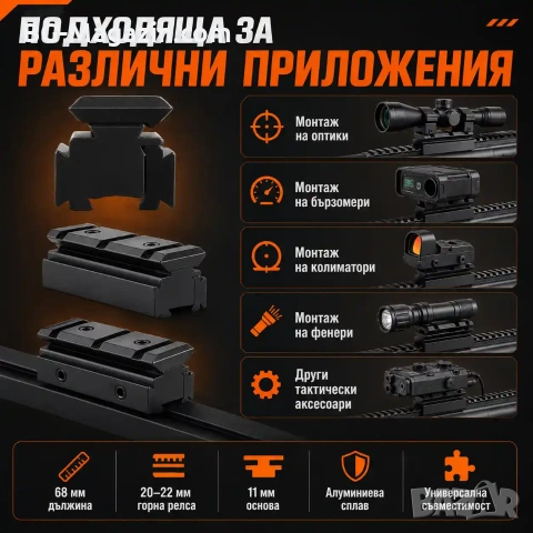 Преходна шина 11мм към 22мм Weaver Picatinny - монтаж с повдигане и релси, снимка 6 - Оборудване и аксесоари за оръжия - 54027573