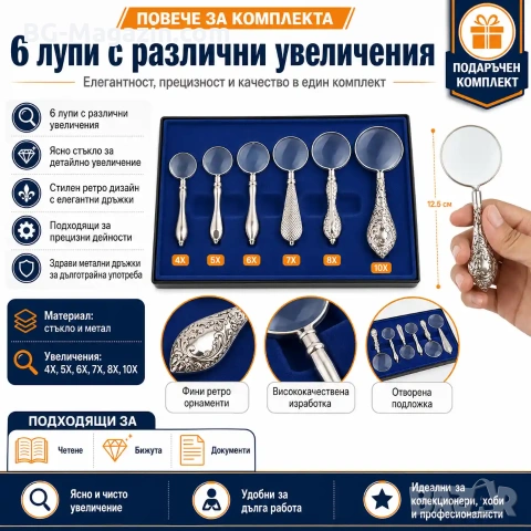 Луксозен подаръчен комплект от мощни увеличителни ръчни лупи за четене на книги подарък с дръжка , снимка 7 - Други инструменти - 50920894