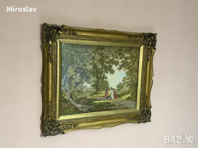 Голям ръчно шит гоблен „Пътят към Емаус“ с богато украсена барокова рамка (75x62 см) ретро винтидж, снимка 2 - Гоблени - 55637117
