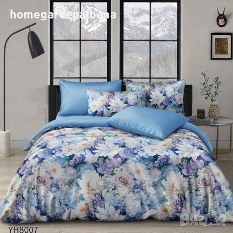 Луксозно спално бельо памучен сатен флорални десени 4 части двоен комплект с ластик