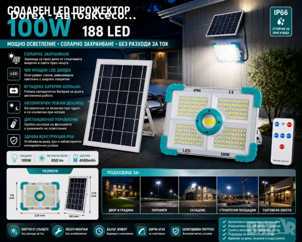 Соларен LED прожектор 100W с дистанционно и външен панел IP66