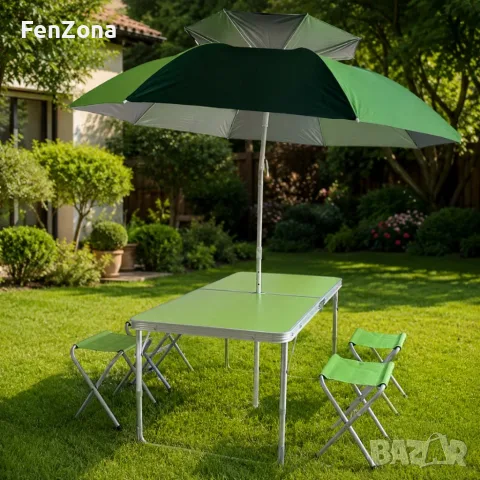Сгъваема маса с 4 стола и отвор за чадър – комфорт и сянка навсякъде, цветове