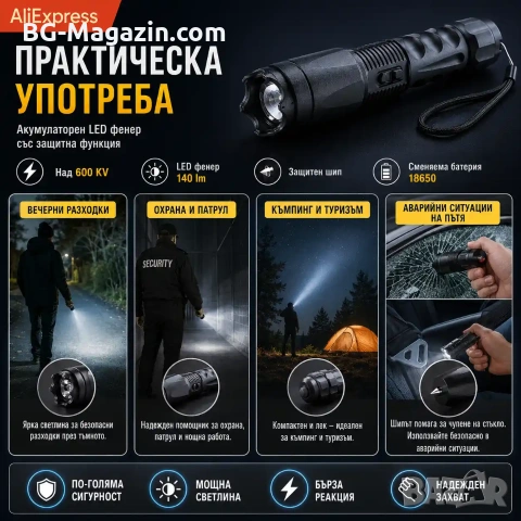 Мощен акумулаторен ръчен LED фенер с електрошок кучегон самоотбрана кучета охрана самозащита дански, снимка 5 - Оборудване и аксесоари за оръжия - 51014614