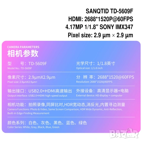 RGB 2K HDR 60FPS SANQTID IMX347 1/1.8" sensor HDMI USB дигитална камера за микроскоп, снимка 6 - Камери - 54903053