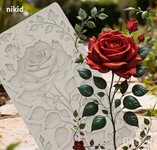 Вечна Роза с листа силиконов молд форма фондан шоколад декор украса, снимка 3 - Форми - 54020407