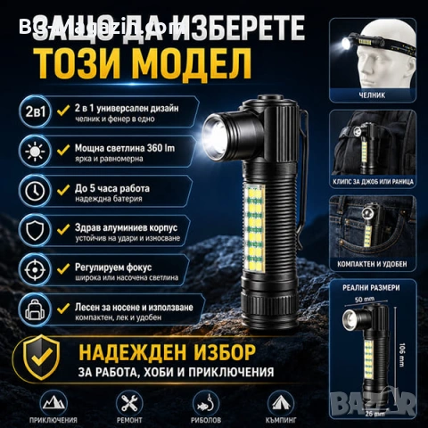 Акумулаторен LED челник за глава и ръчен фенер 2в1 за риболов къмпинг лов туризъм работа аварии, снимка 5 - Къмпинг осветление - 50938425