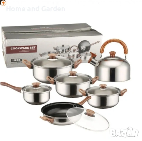 Комплект от 12 части за всяка кухня. 3бр тенджери, тиган, касерола и чайник и капаци, снимка 6 - Съдове за готвене - 54027674
