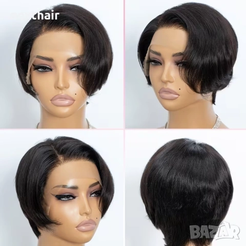 Къса черна перука с дантела 13x4 - скосен боб, естествен ефект, снимка 3 - Аксесоари за коса - 54055365