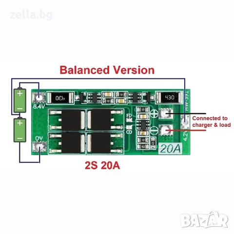 Комплект 2 броя BMS модул 2S 20A 7.4V с балансиране, защита за Li-Ion 18650/26650, DIY 10452, снимка 3 - Друга електроника - 54703313