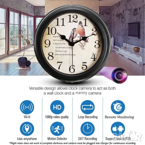 Wi-Fi Скрита Камера Винтидж Стенен Часовник Full HD 1080P, Видеонаблюдение, Нощно Виждане, снимка 2 - HD камери - 55567917