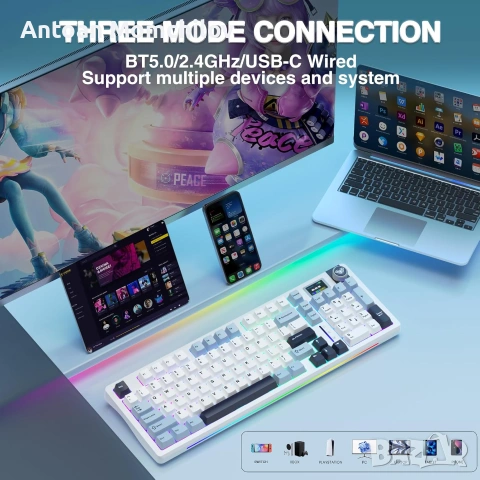 Механична клавиатура AULA S98 Pro White&Blue RGB дисплей, снимка 7 - Клавиатури и мишки - 55034931