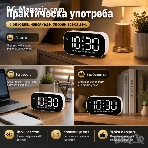 Електронен LED светещ настолен часовник с аларма на ток с USB с термометър календар големи цифри, снимка 6 - Други - 51178893