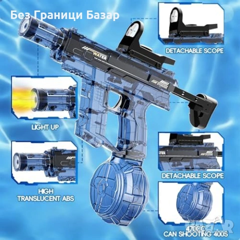 Нов Електрически воден пистолет LED 470 мл далекобоен син за деца лято игри , снимка 7 - Други - 54092330