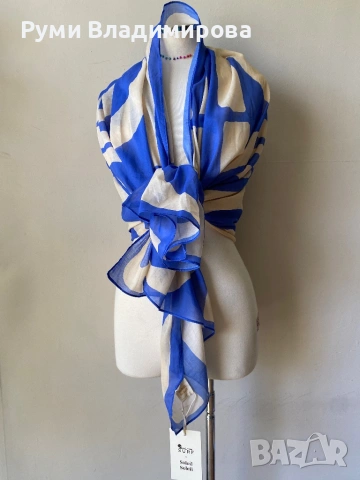 Бял/ син шал  Soleil Soleil от 100 % органик памук, с етикет