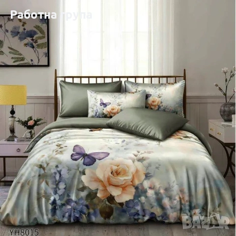 Луксозно спално бельо памучен сатен флорални десени 4 части двоен комплект с ластик