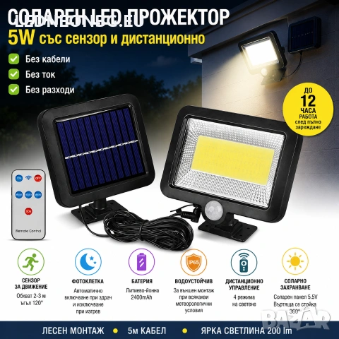 ☀️ Соларен LED Прожектор със Сензор за Движение, Фотоклетка и Дистанционно | Без Кабели | IP65