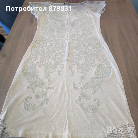 Ефектна памучна  рокля в цвят крем с бароков мотив и мрежа