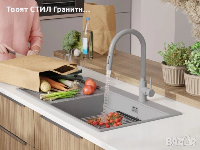 Сива гранитна кухненска мивка Сидни 900-60 Ergo Multilevel 900х500 мм, снимка 8 - Мивки - 54712466
